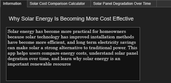 Saved MATLAB App Designer screenshot showing solar-cost comparison and panel-degradation tabs